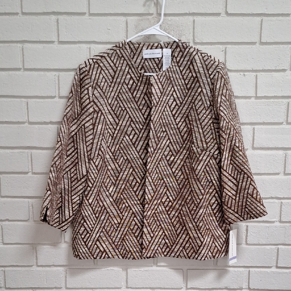 Alfred Dunner Brown and Cream Tweed Patterned  Lined Jacket. Size 18 NWT
